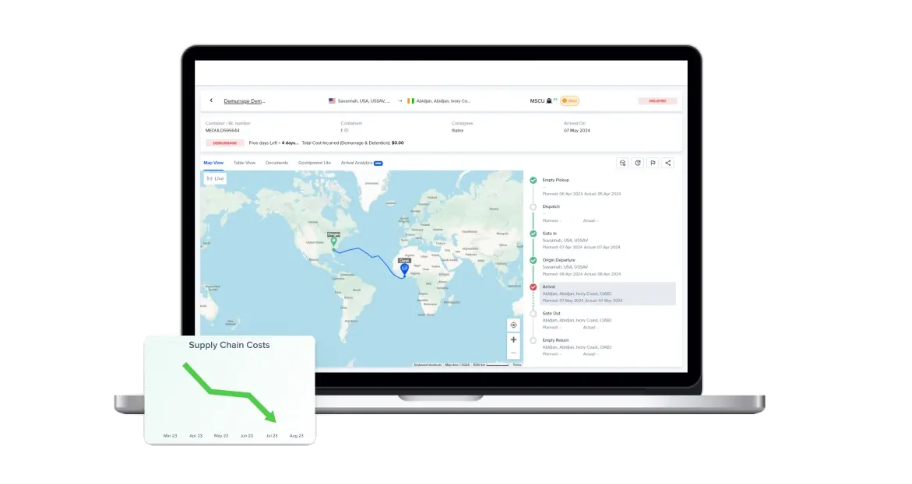 Shipment tracking dashboard showing an international route map and carrier milestone history