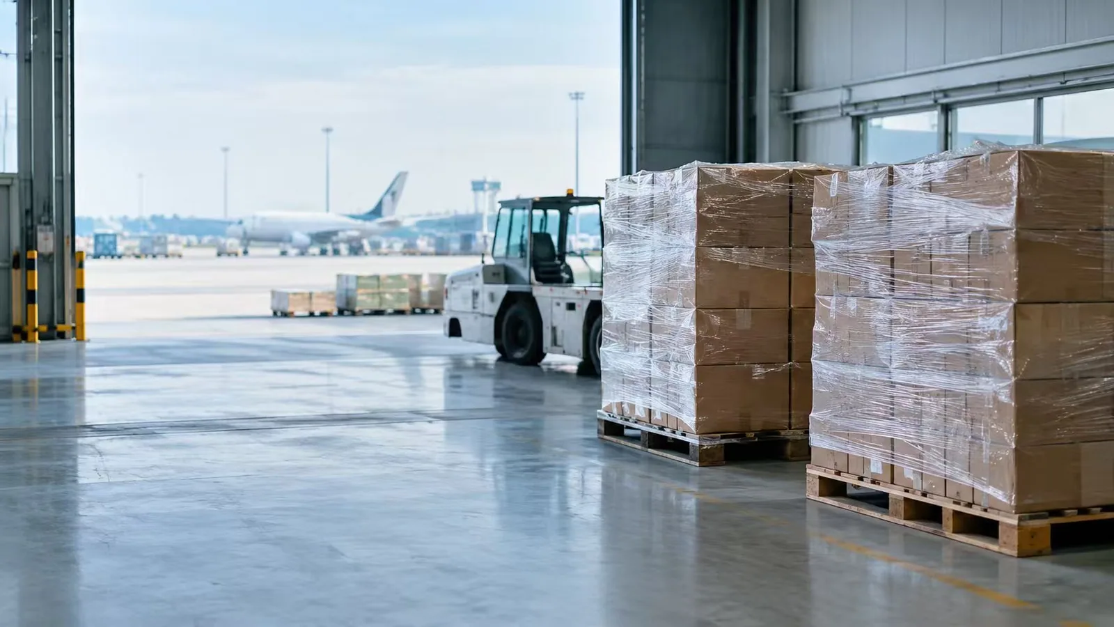 Wrapped cargo pallets and cartons inside an air freight terminal, with an aircraft outside