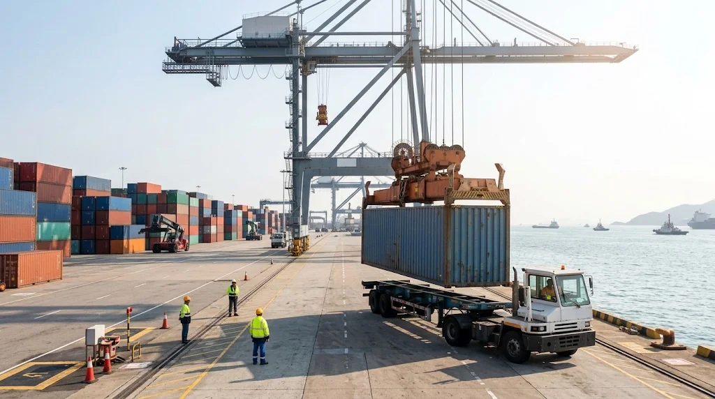 Port crane lifting a container onto a truck at the terminal
