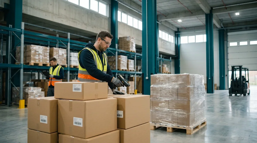 Warehouse workers scanning and checking cartons and palletized freight