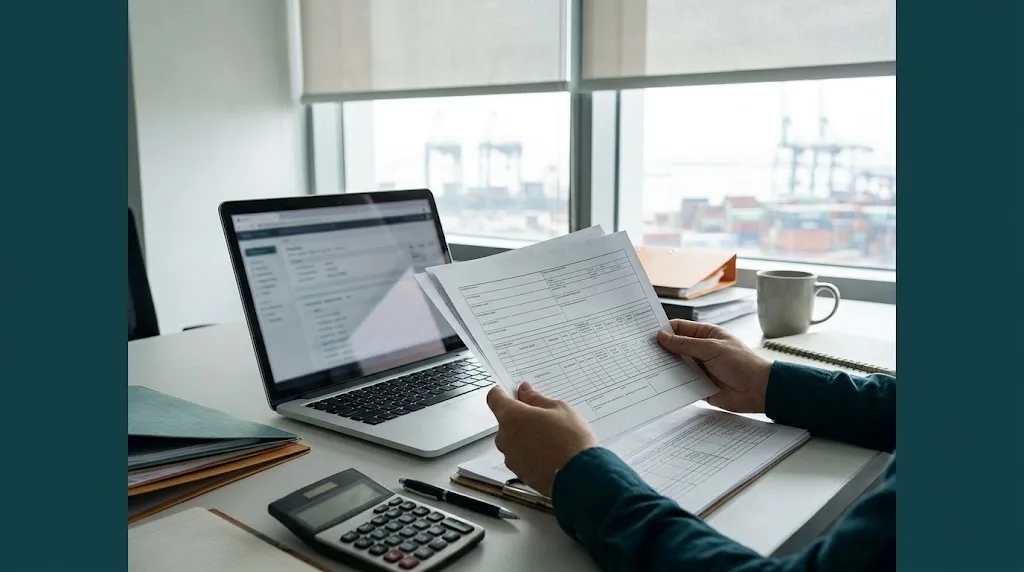Person reviewing freight quote documents beside a laptop and calculator