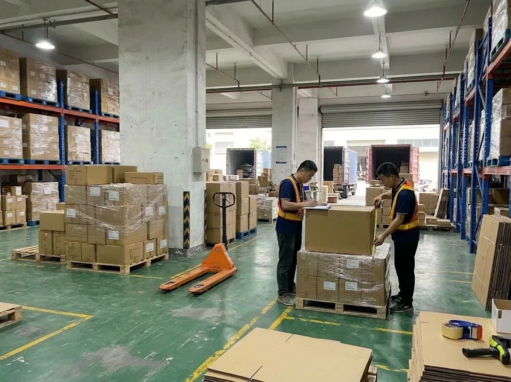 Warehouse staff checking palletized cargo before dispatch