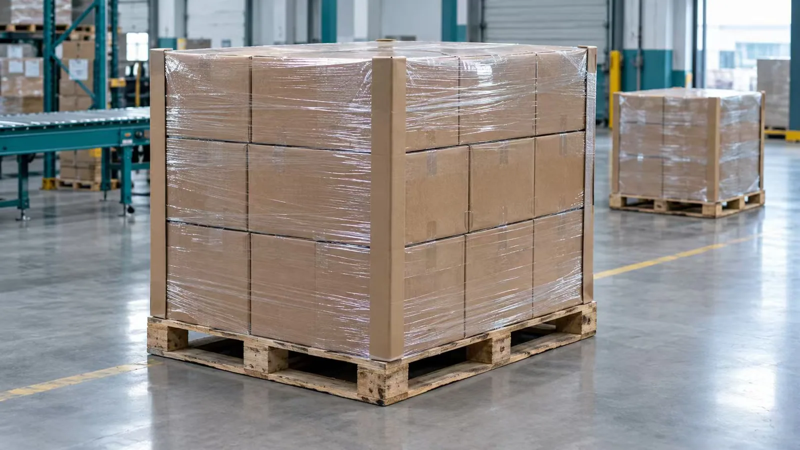 Cartons secured on a wooden pallet with stretch wrap and corner protectors in a warehouse