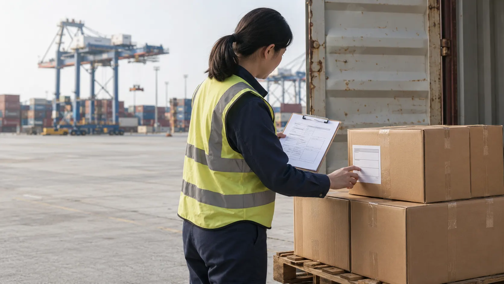 Export specialist checking shipment documents beside sealed cartons