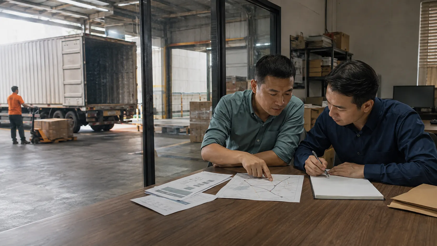 Shipper and freight coordinator reviewing a route plan beside a warehouse
