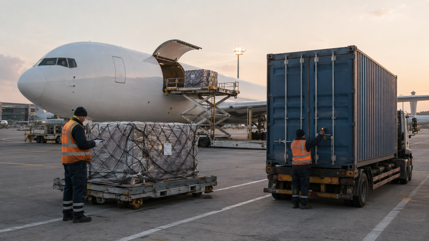 Air cargo pallet and ocean container being checked at a freight apron