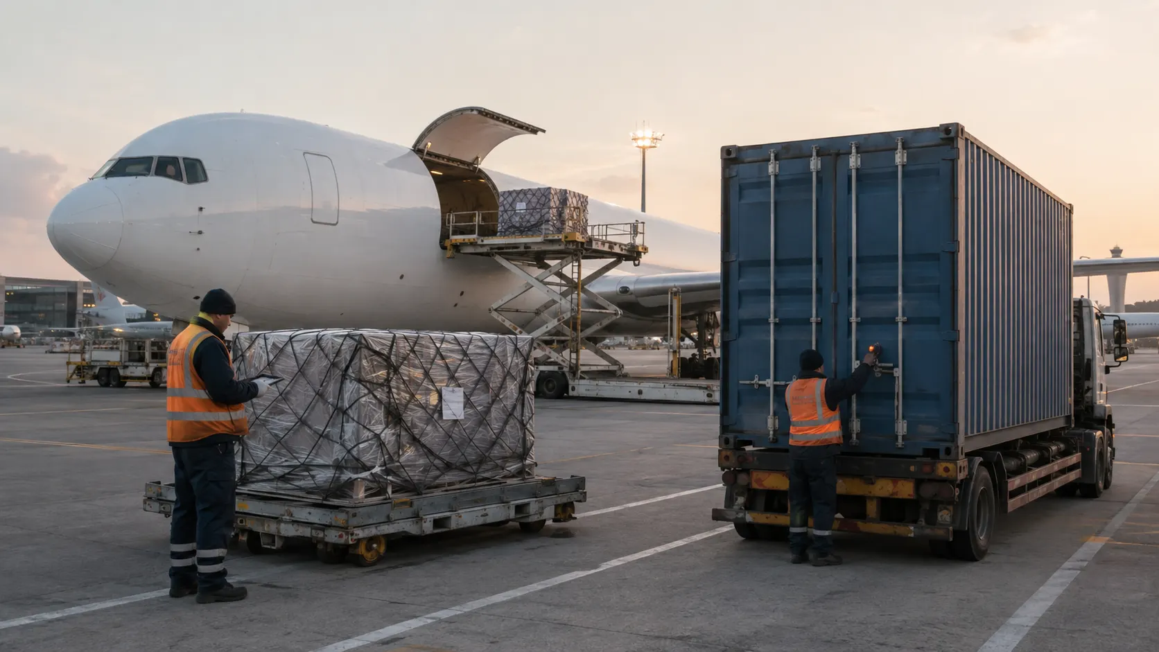 Air cargo pallet and ocean container being checked at a freight apron
