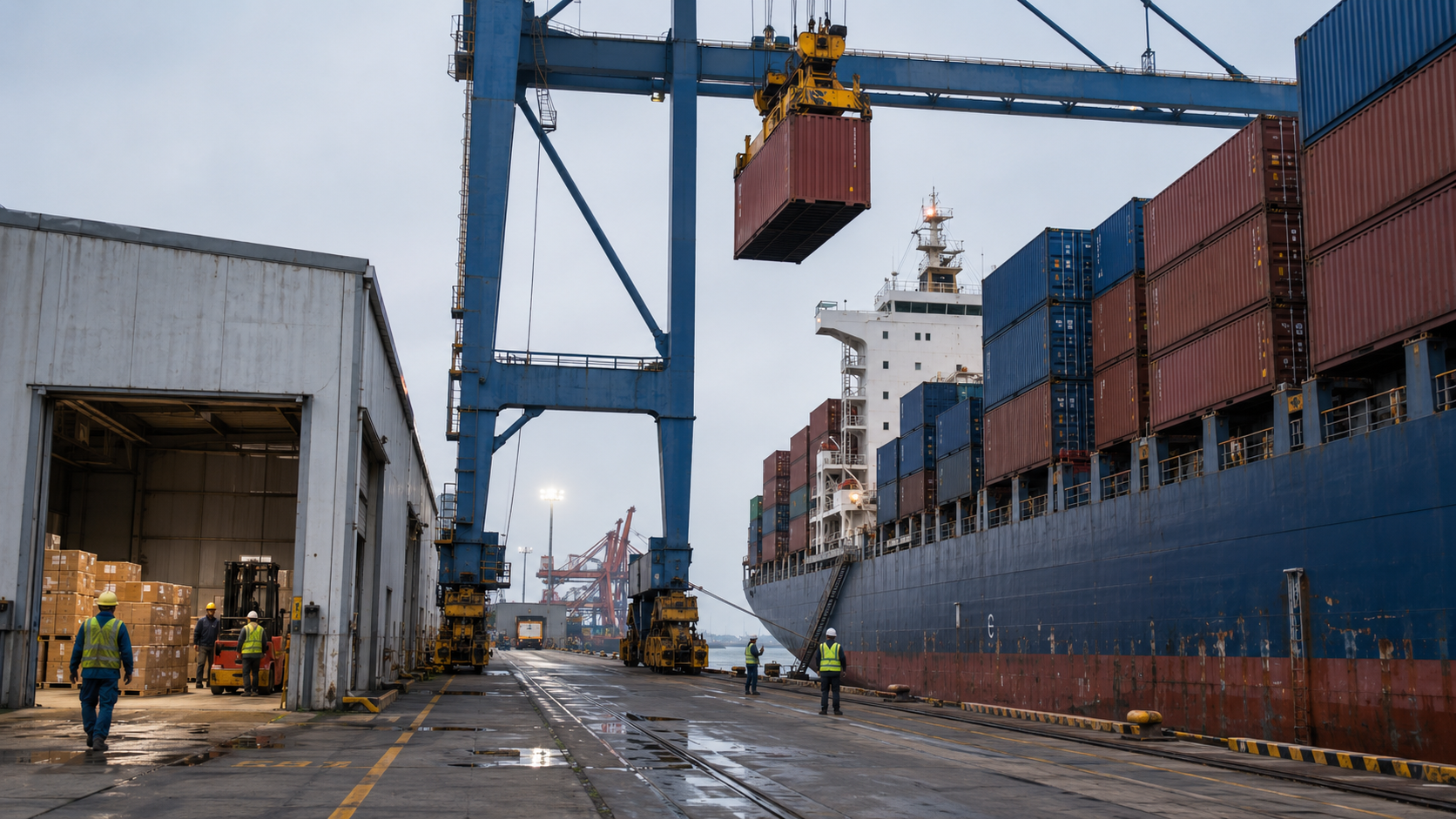 Container crane loading a vessel beside a consolidation warehouse