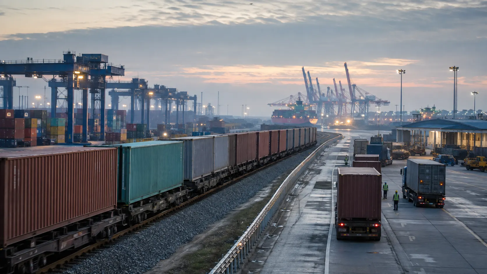 Container train and trucks leaving a China port terminal