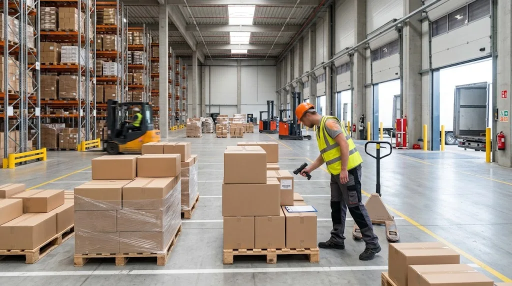 Warehouse worker scanning palletized cartons for freight consolidation