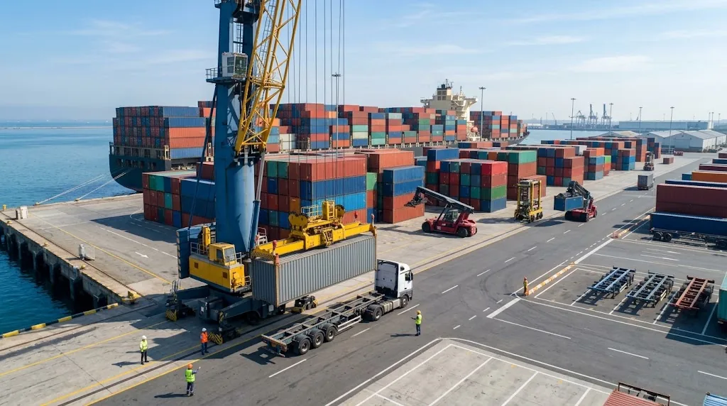 Container crane loading a truck at a seaport terminal