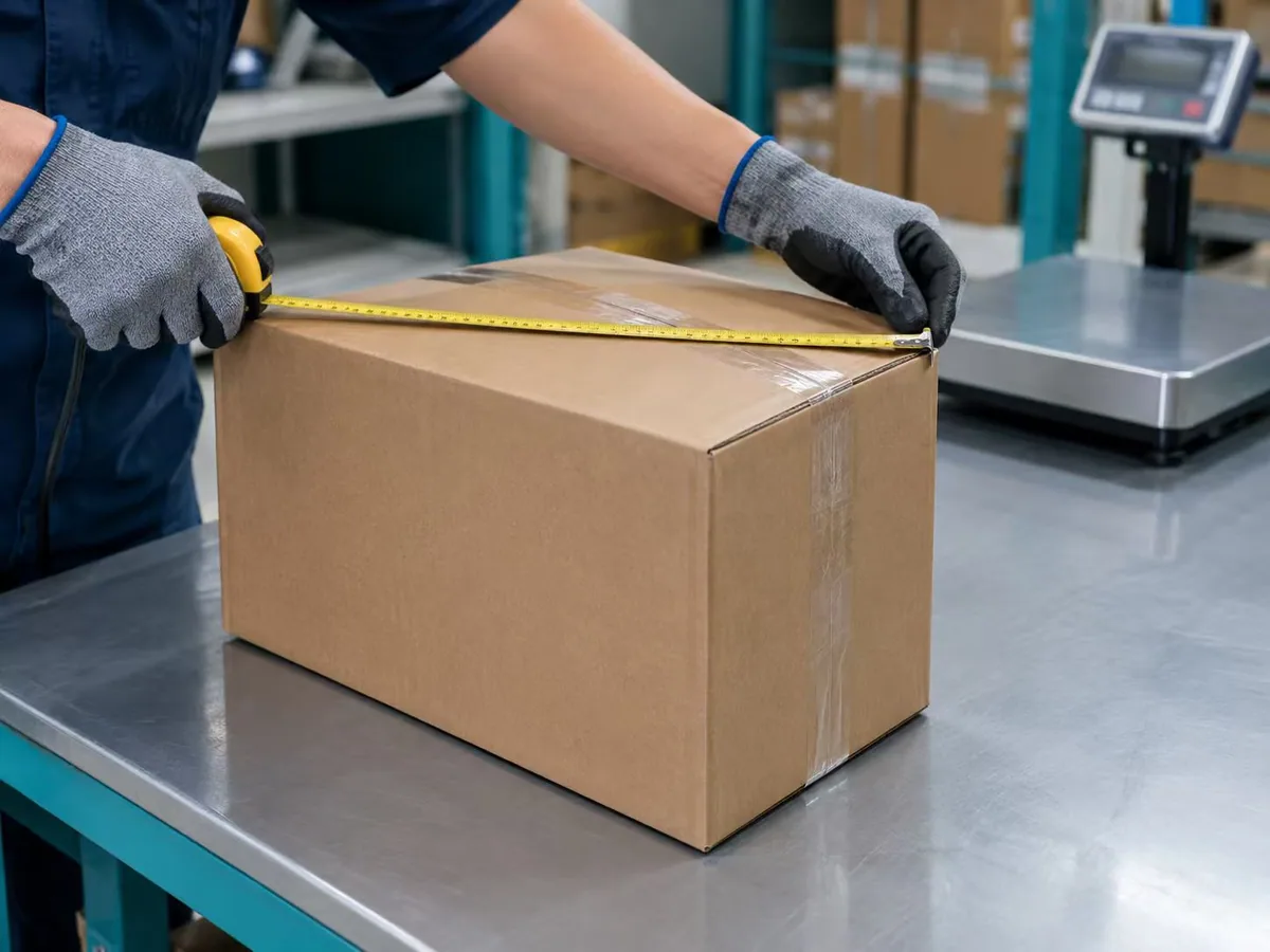 A gloved worker measuring the outside of a sealed shipping carton beside a weighing scale