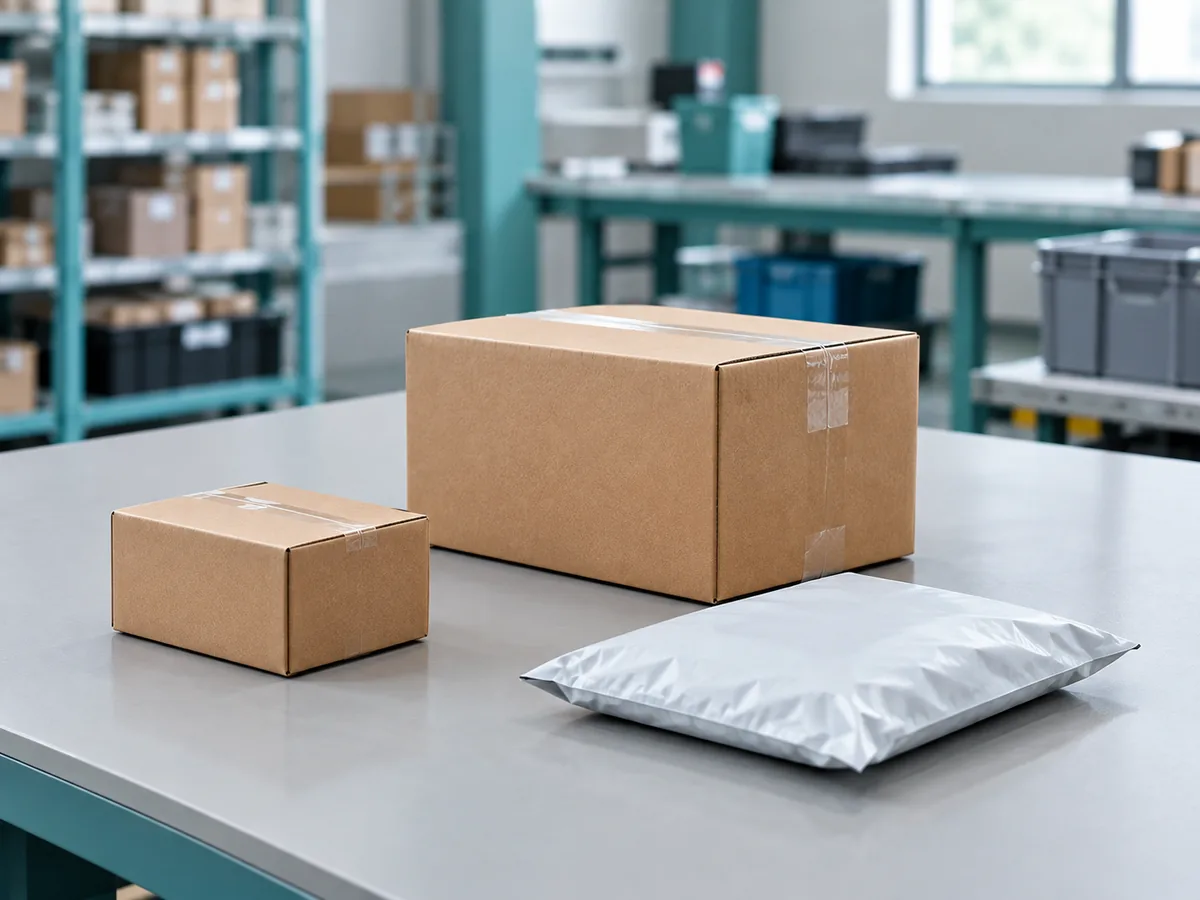 Two taped cardboard boxes and a white mailing pouch on a packing table