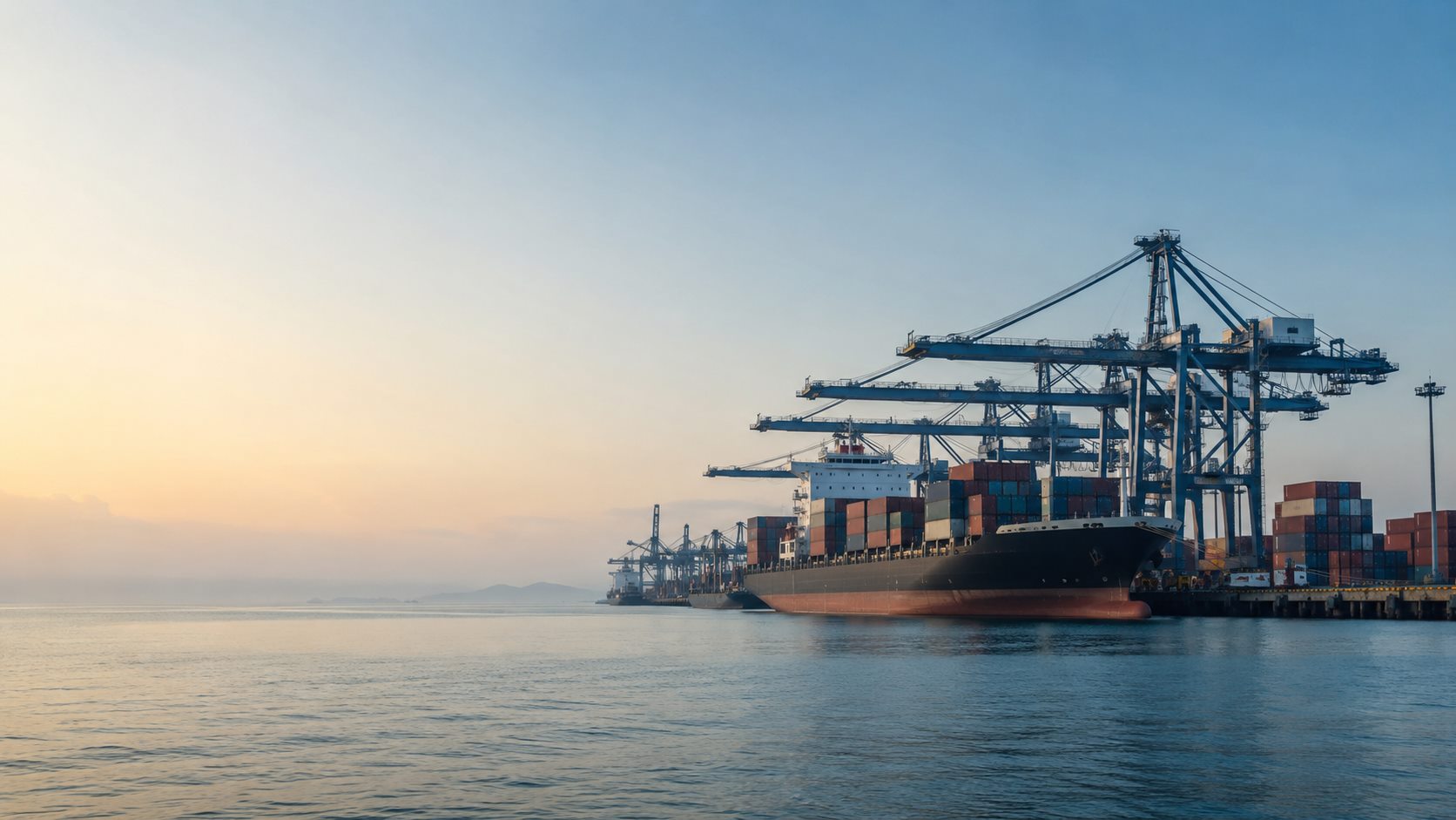 Containers and cargo vessels at an international terminal