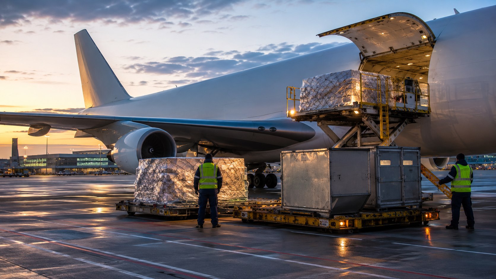 ULD cargo pallets being loaded into a dedicated cargo aircraft