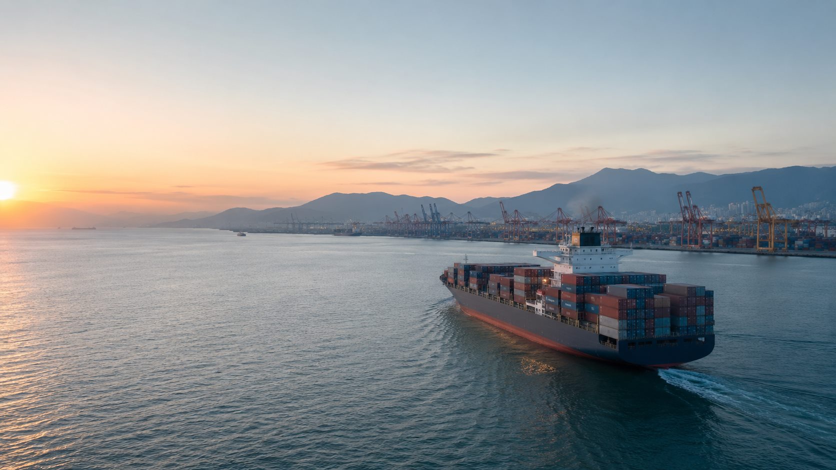 Container vessel departing an international terminal
