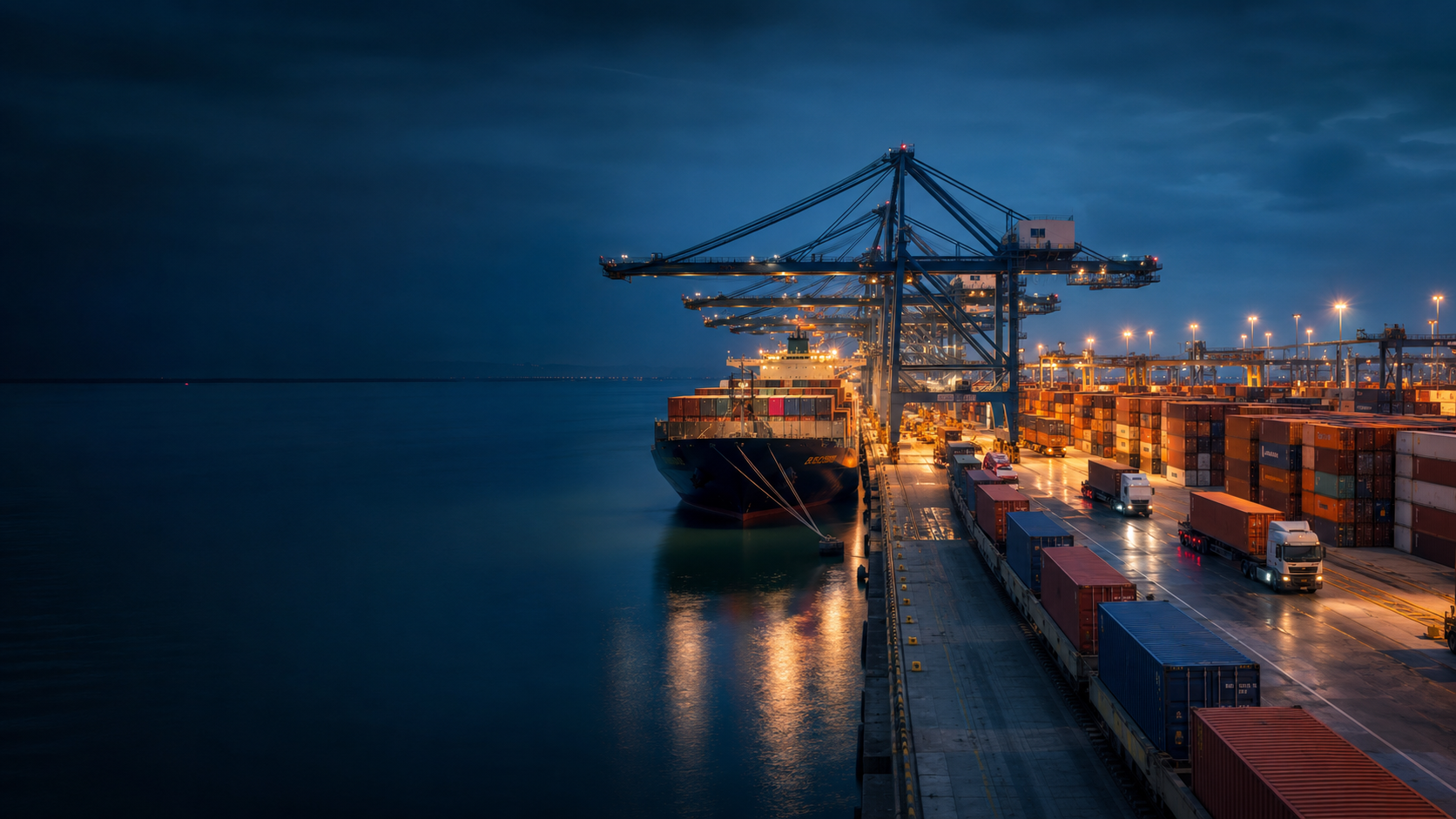 Blue-hour container terminal with vessel, rail and truck handoffs