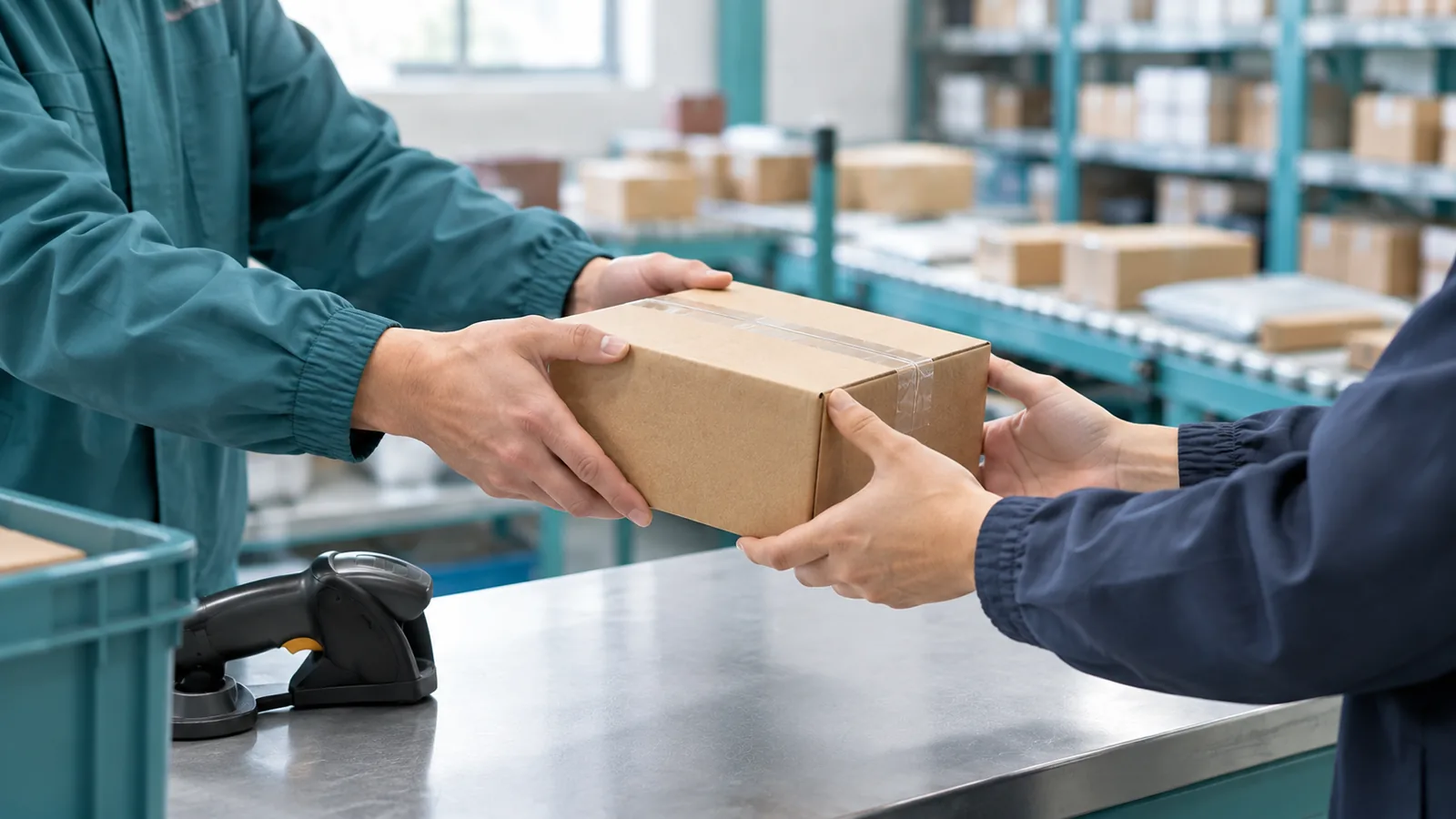 Two workers handing a sealed cardboard parcel across a dispatch counter