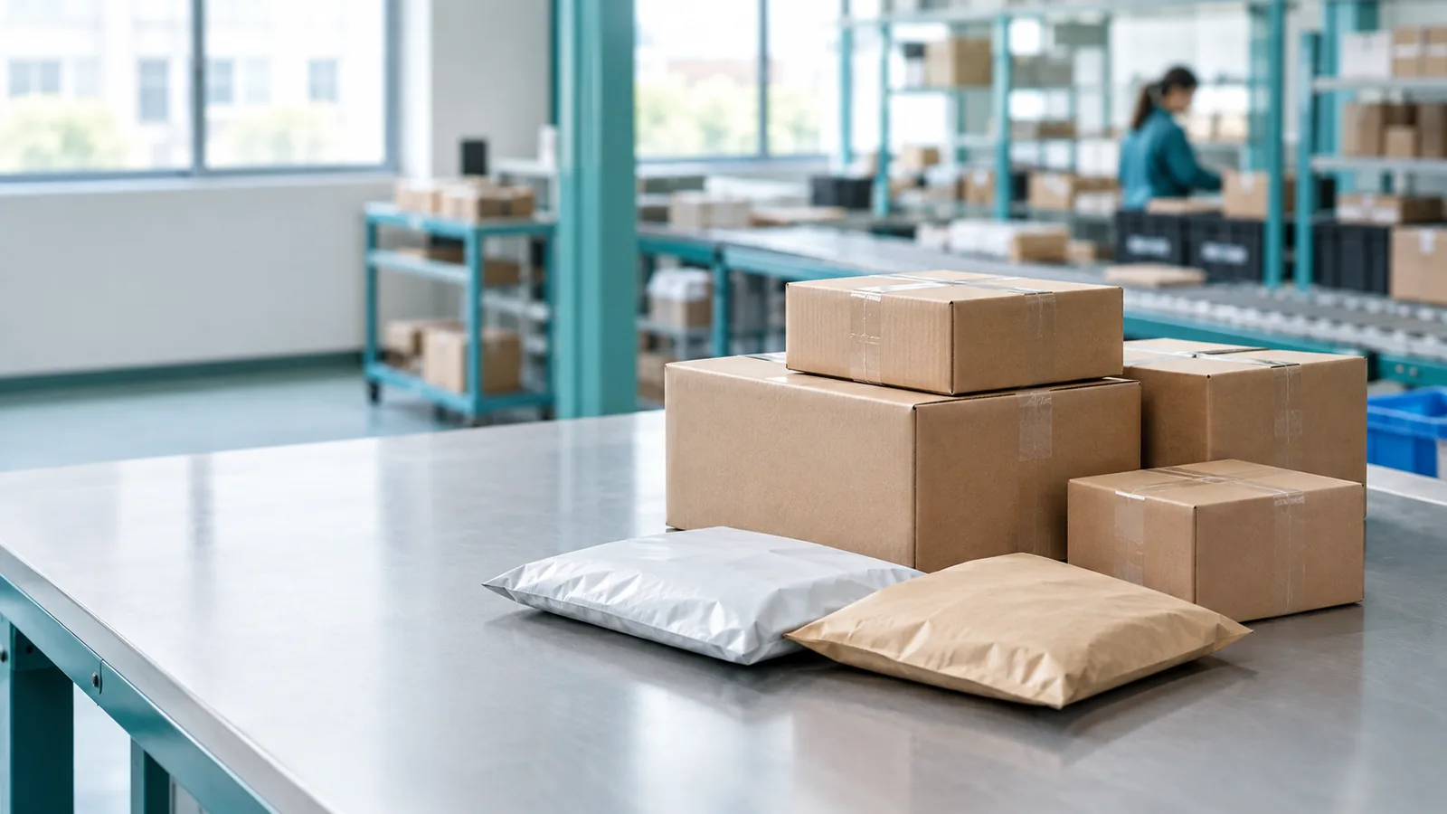 Sealed cardboard cartons and mailing pouches on a packing table in a parcel workspace